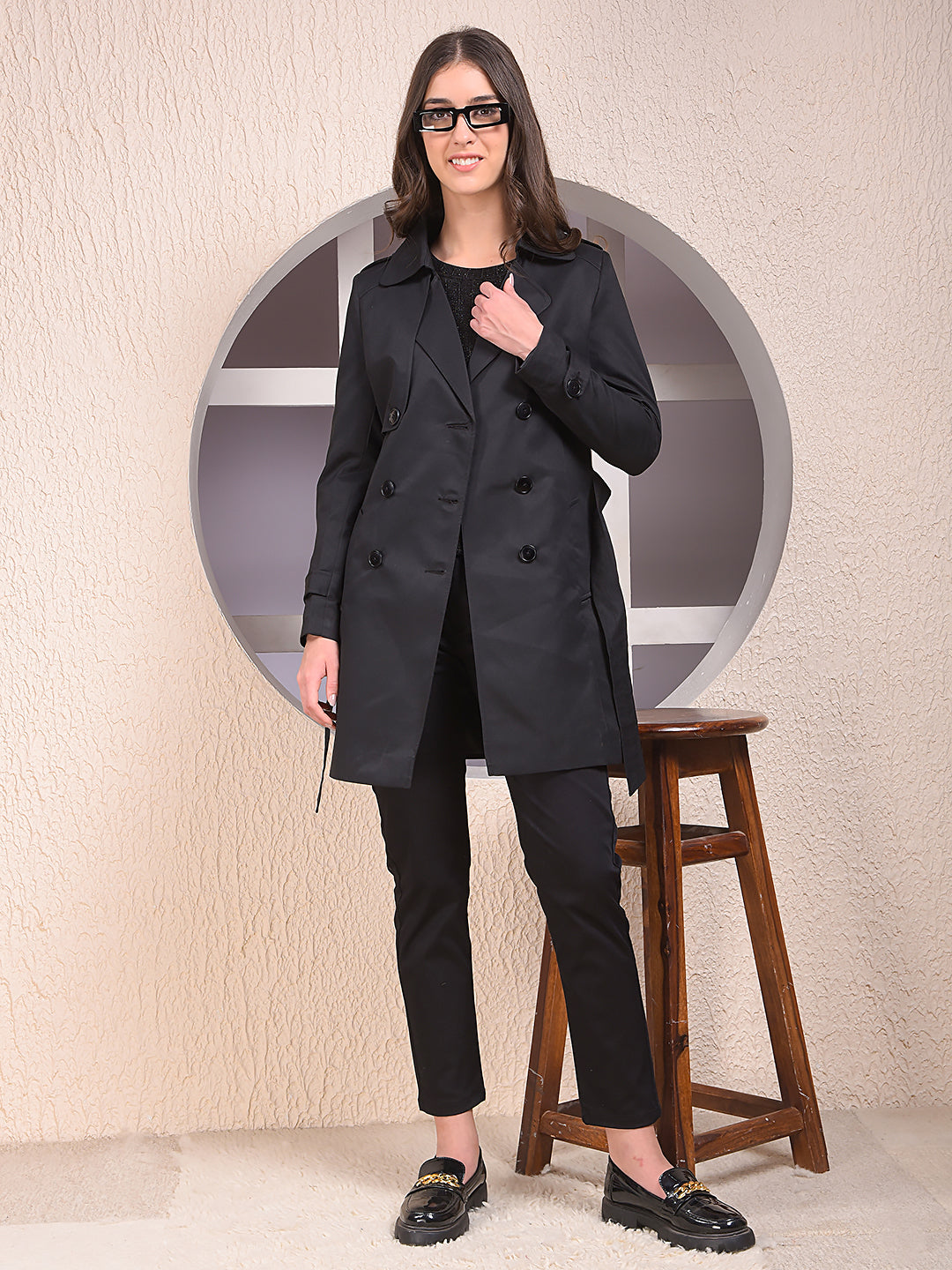 Black Notched Lapel Double-Breasted Overcoat With Belt