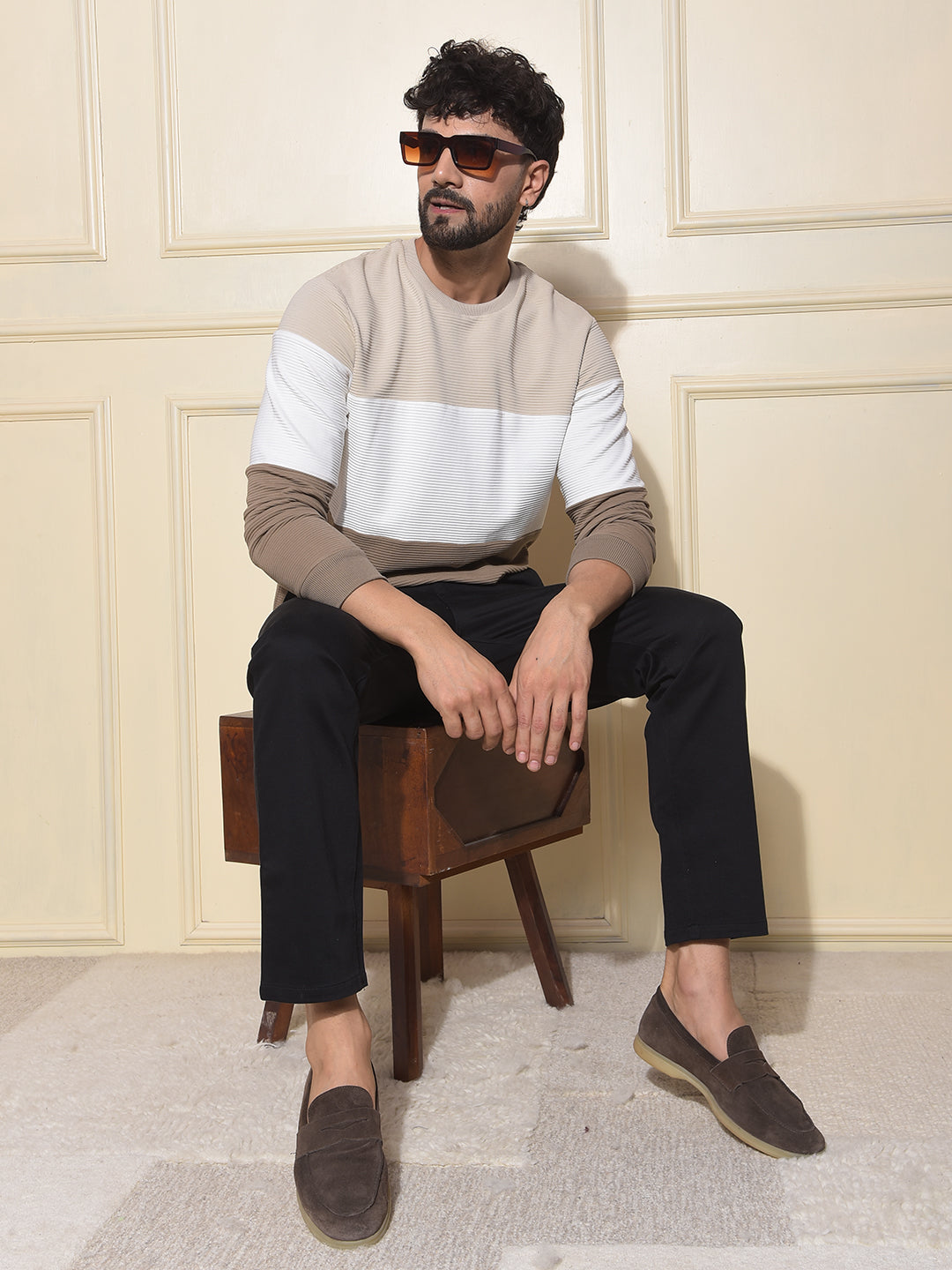 Beige Color-Block Pure Cotton Sweatshirt