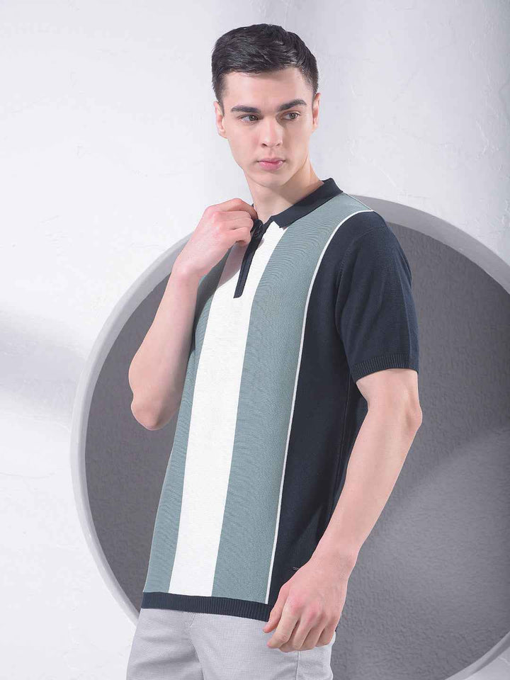 Color-Blocked 100% Cotton Polo Neck T-Shirt with Zip Closure
