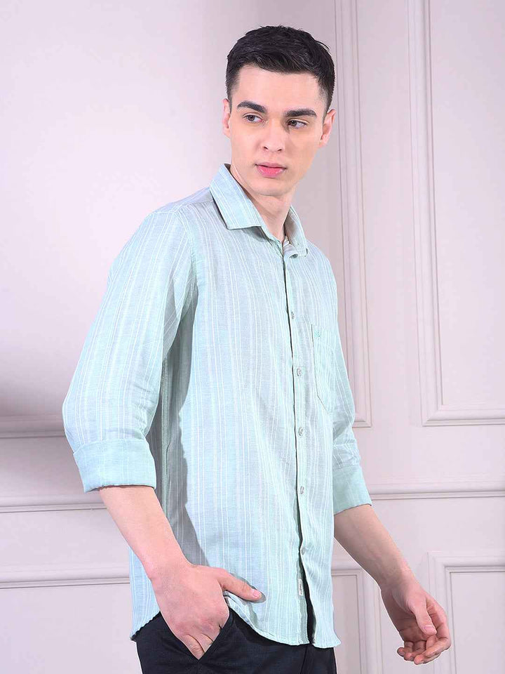 Green 100% Cotton Vertical Stripes Shirt