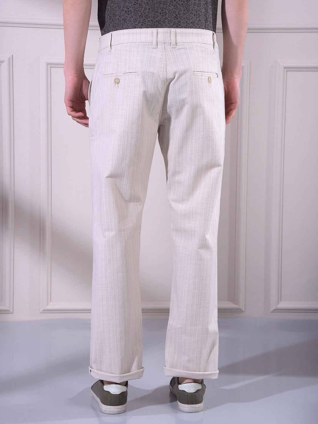 Beige Vertical Stripes Trousers