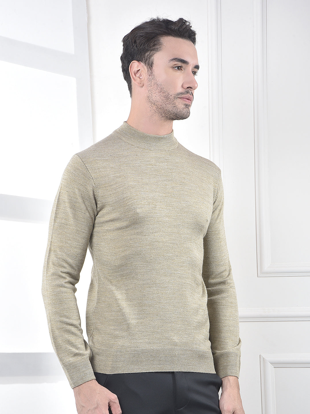 Beige High-Neck Knitted Sweater