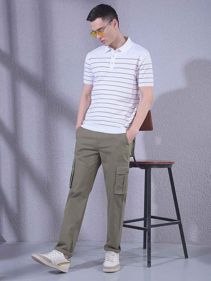 White Horizontal Stripes Polo Neck T-Shirt