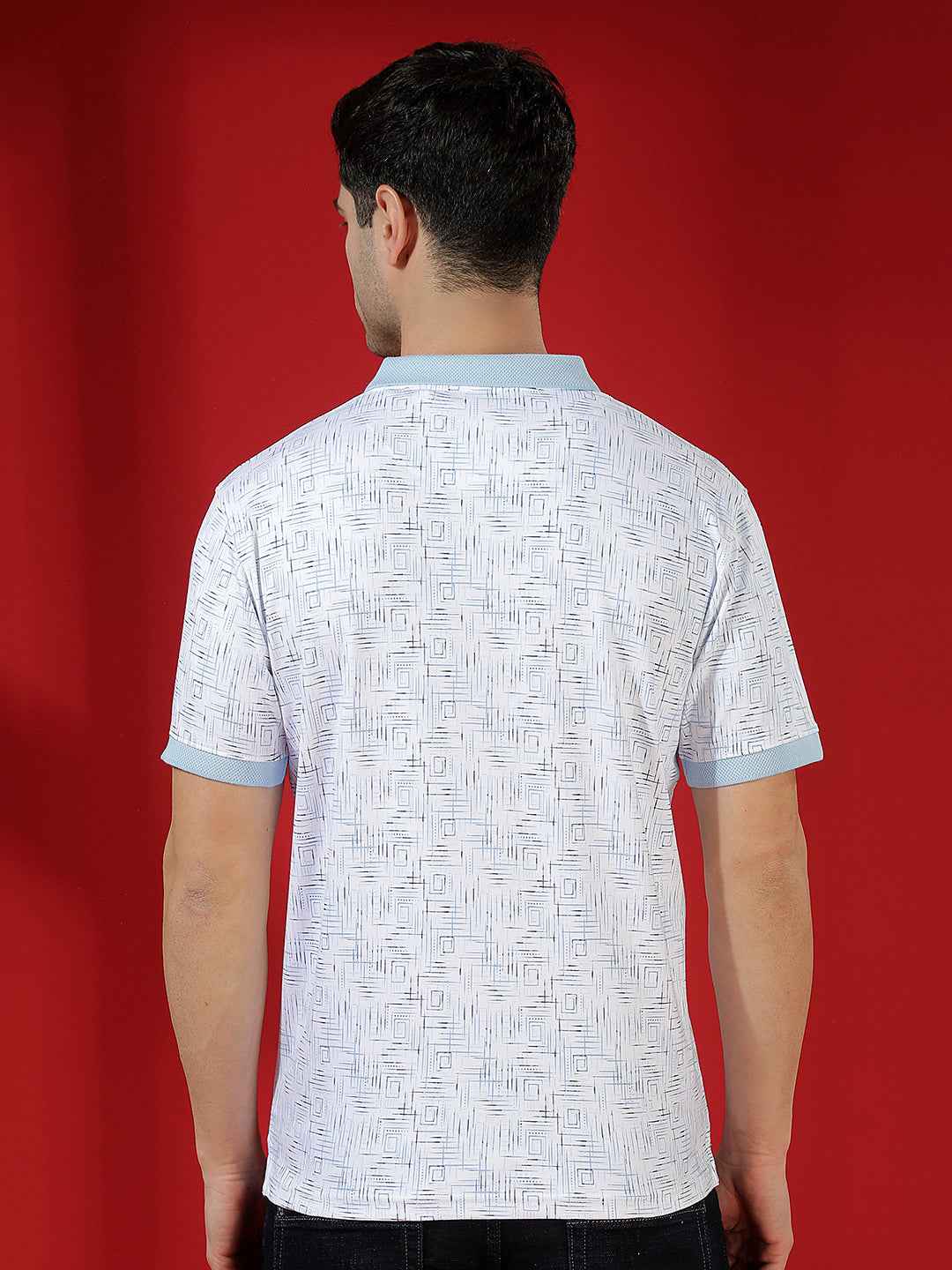 Blue Printed Polo Neck 100% Cotton T-Shirt