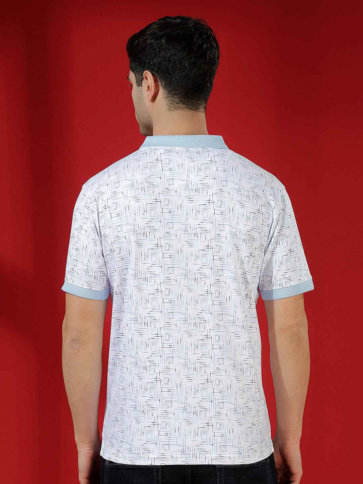 Blue Printed Polo Neck 100% Cotton T-Shirt