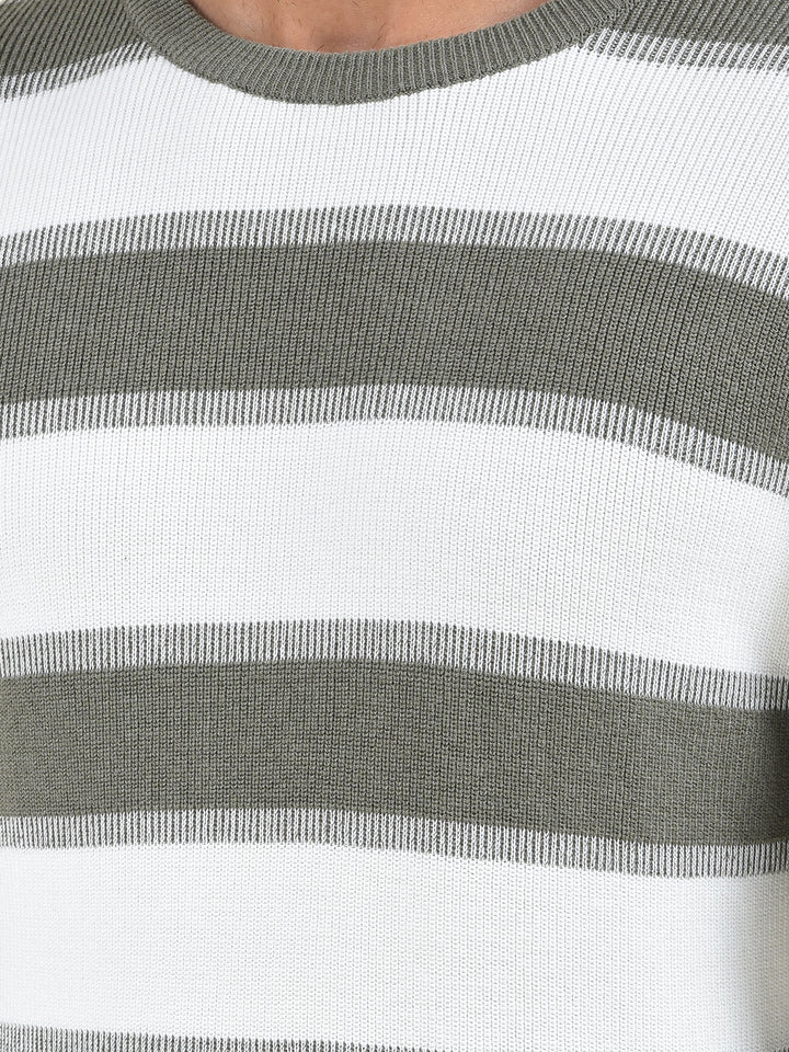 Olive Horizontal Stripes 100% Cotton Sweater