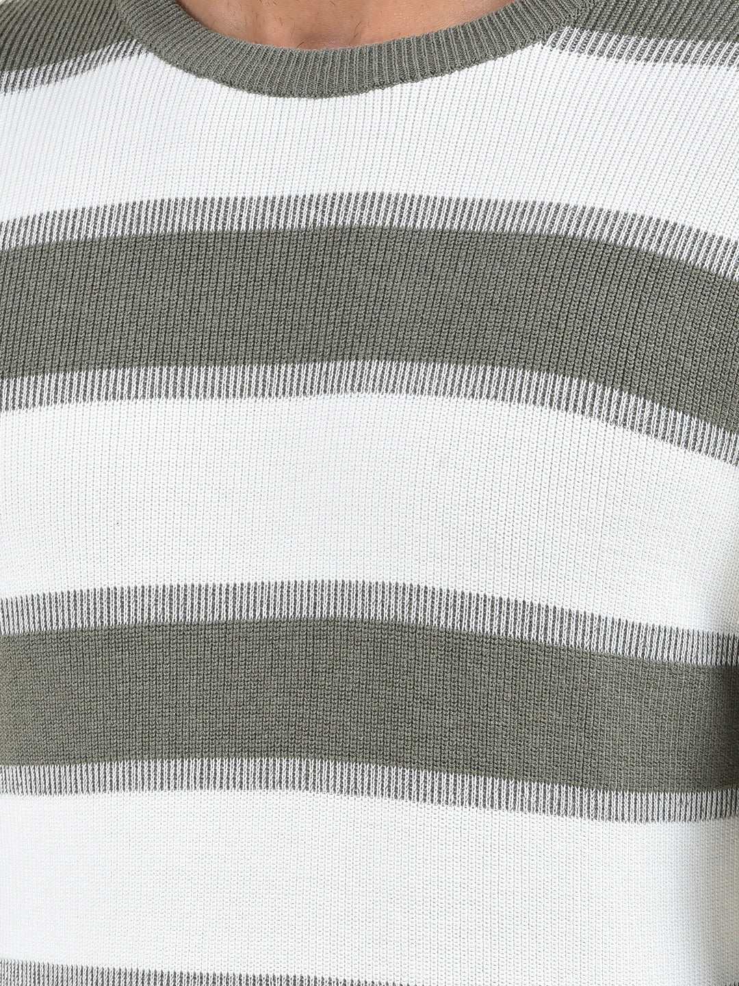 Olive Horizontal Stripes 100% Cotton Sweater