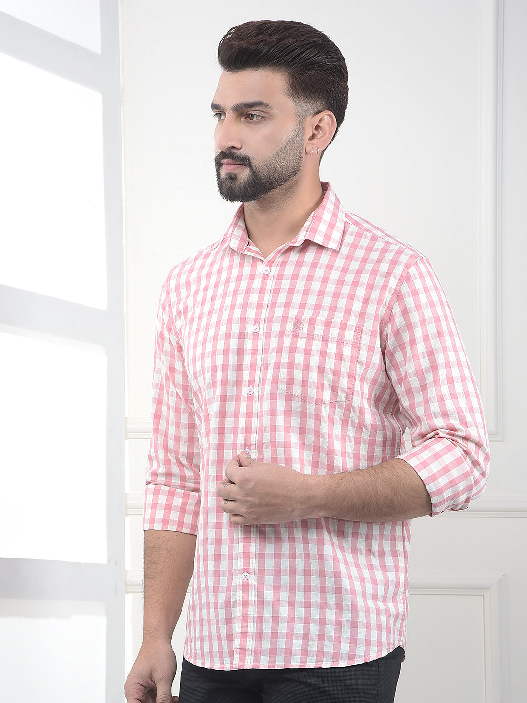 Flamingo Pink Checked 100% Cotton Shirt