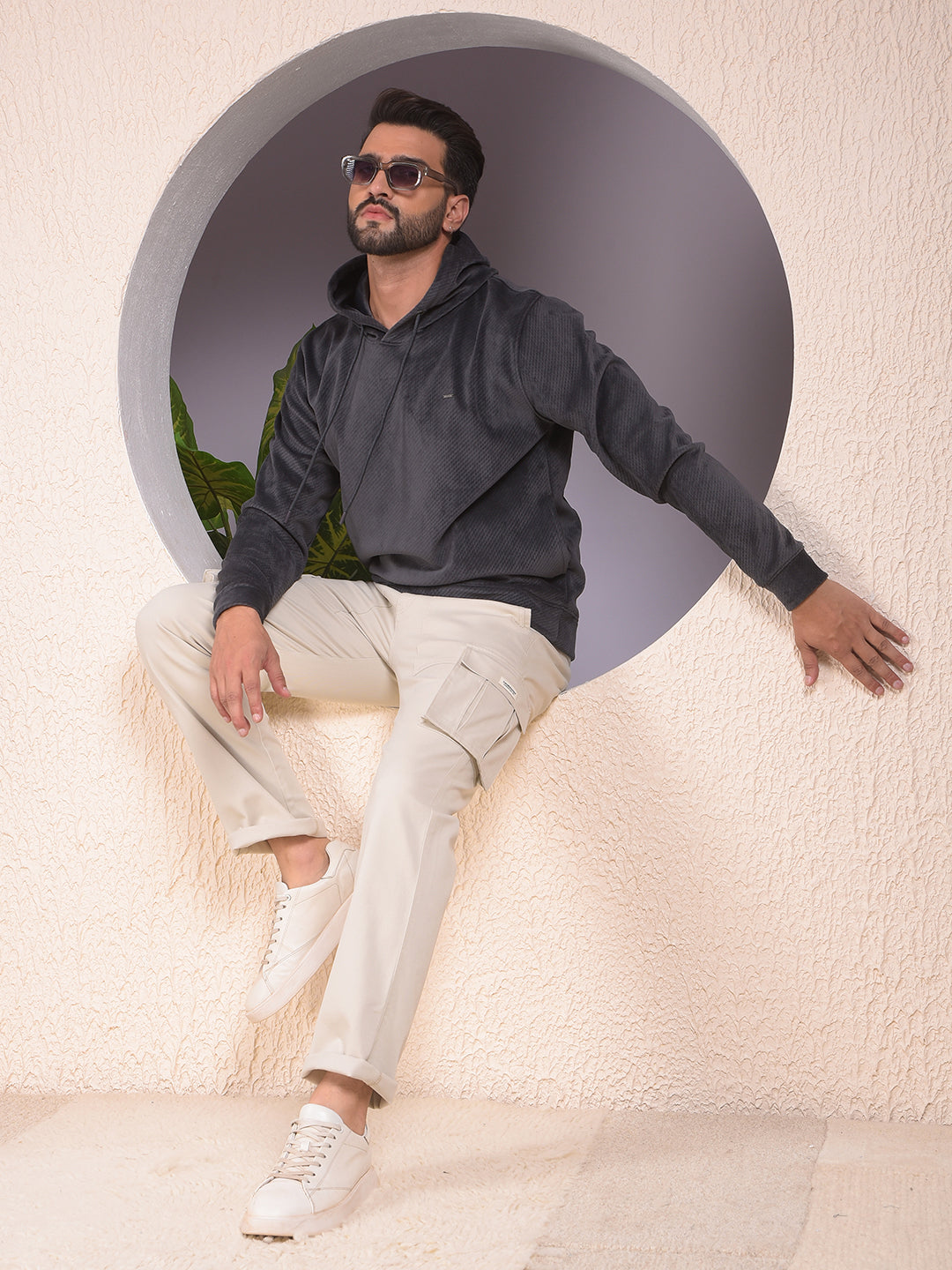 Grey Jacquard Hooded Neck Sweatshirt