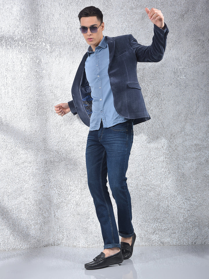 Blue Single-Breasted Velvet Blazer