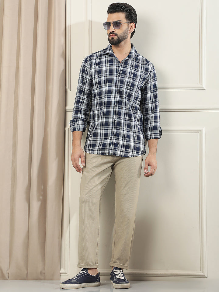 Navy Blue Checked 100% Cotton Shirt