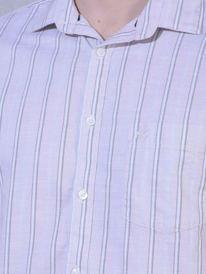 Beige Vertical Striped 100% Cotton Shirt