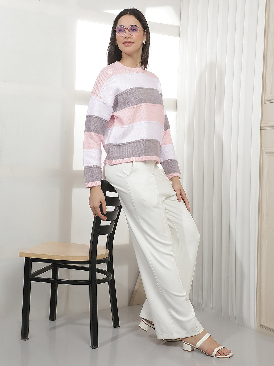 Pink Horizontal Stripes Acrylic Sweater