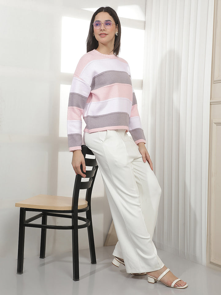 Pink Horizontal Stripes Acrylic Sweater