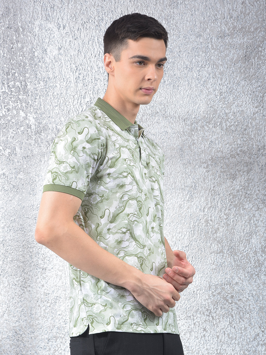 Green Abstract Print Polo Neck T-Shirt