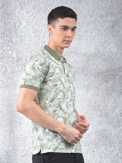 Green Abstract Print Polo Neck T-Shirt