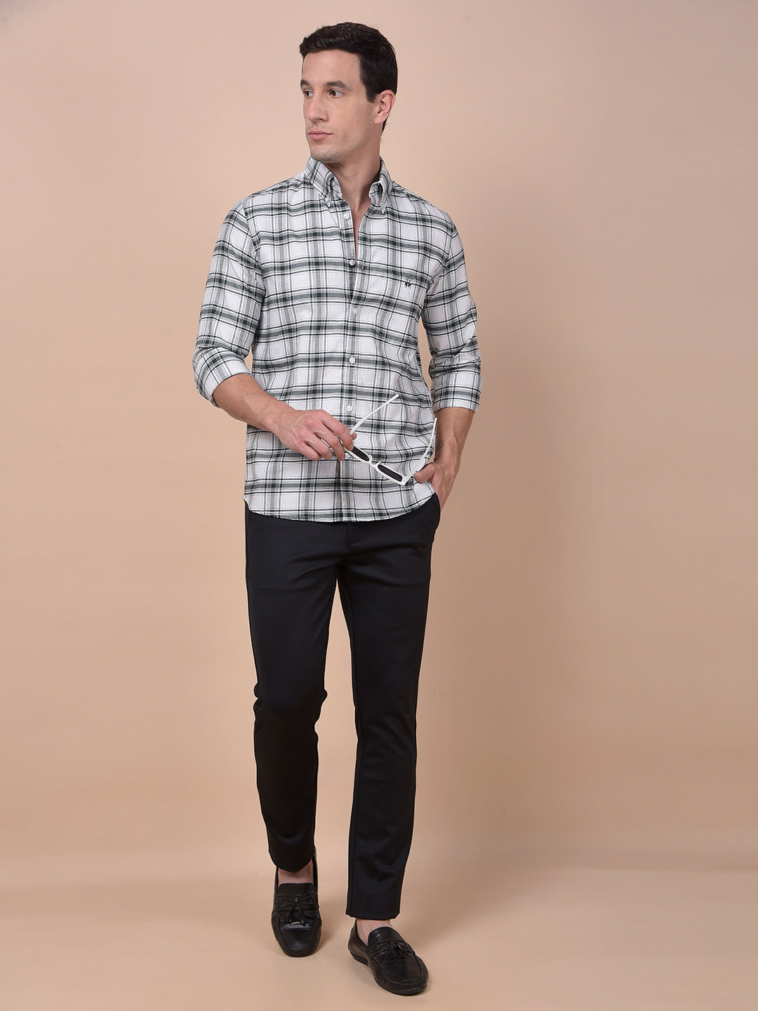 Green Checked Button-Down Collar 100% Cotton Shirt