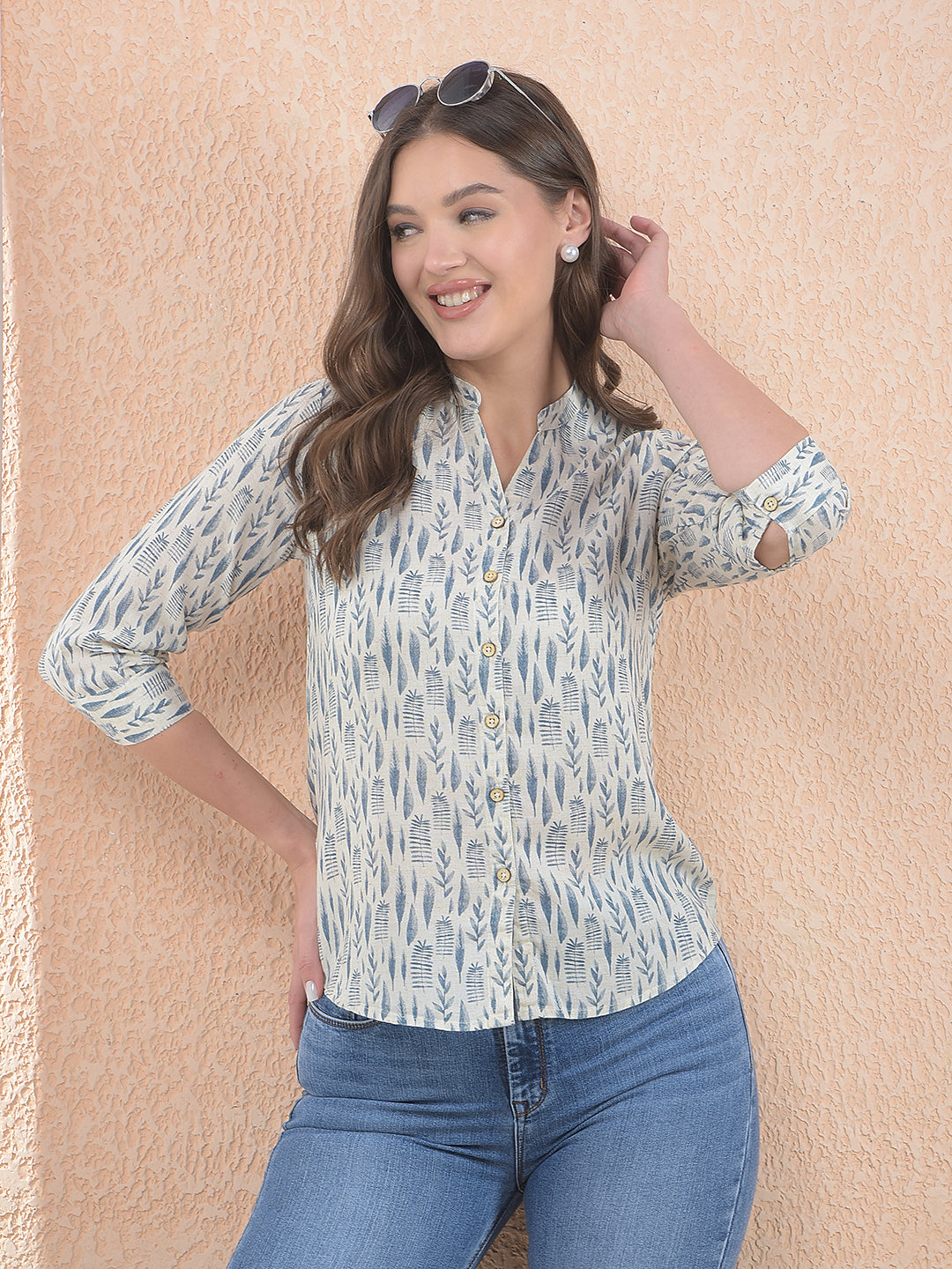 Printed Linen Green V-Neck Shirt