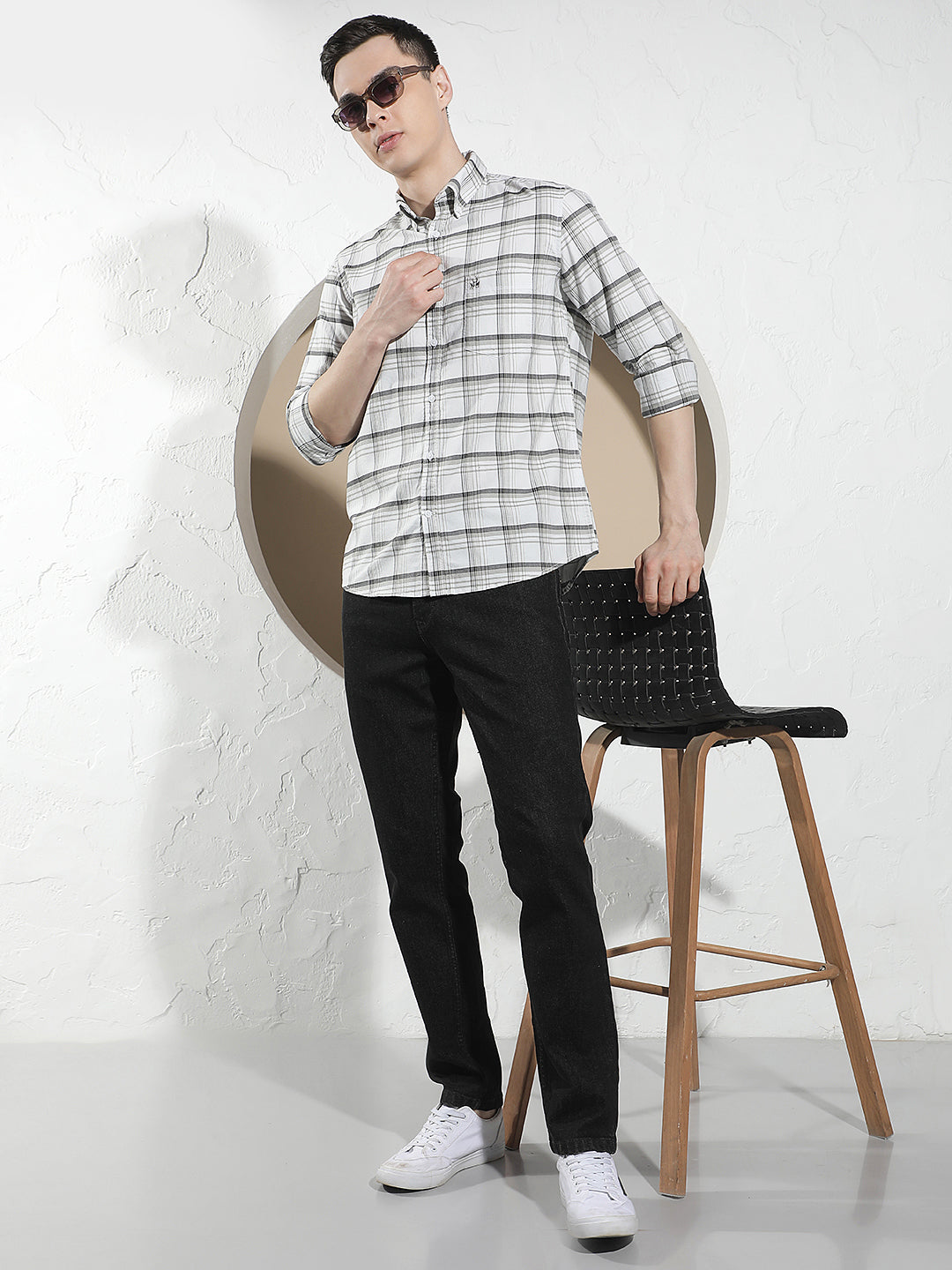 White Checked Button-Down Collar 100% Cotton Shirt