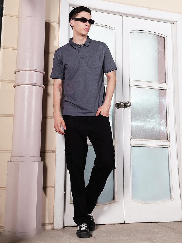 Blue Textured Polo Neck T-Shirt