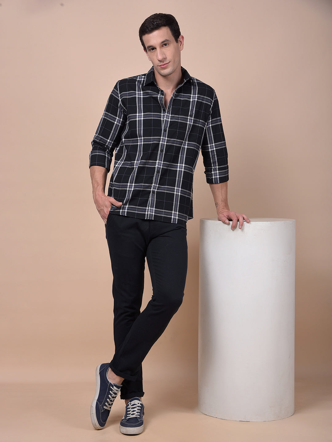 Navy Blue Checked 100% Cotton Shirt