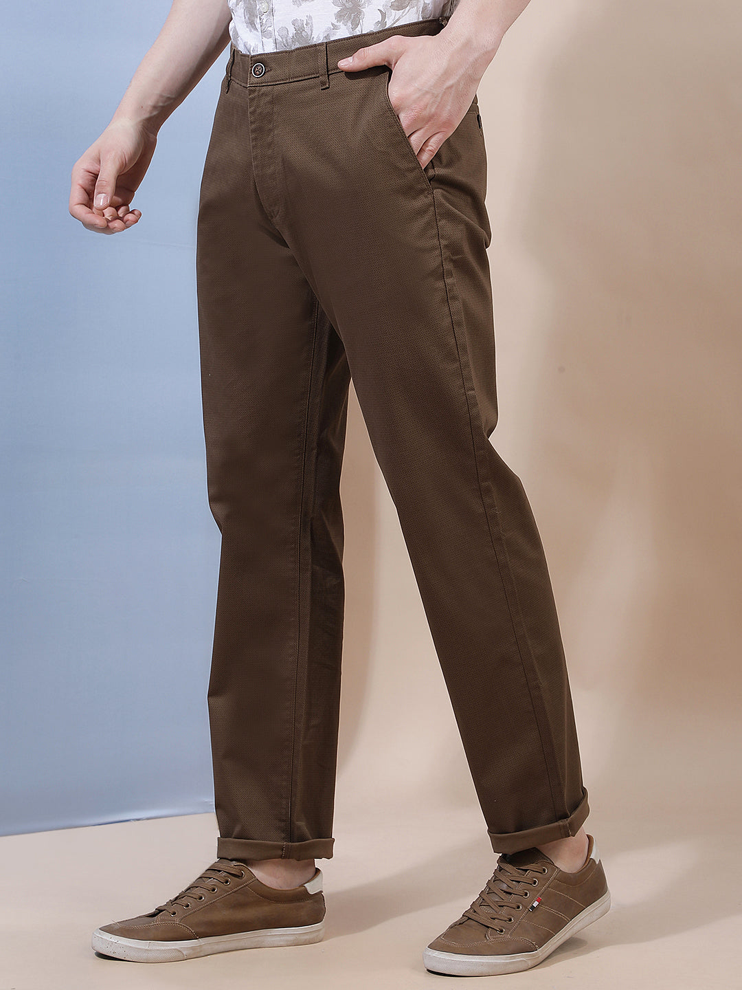 Brown Printed Straight Trousers