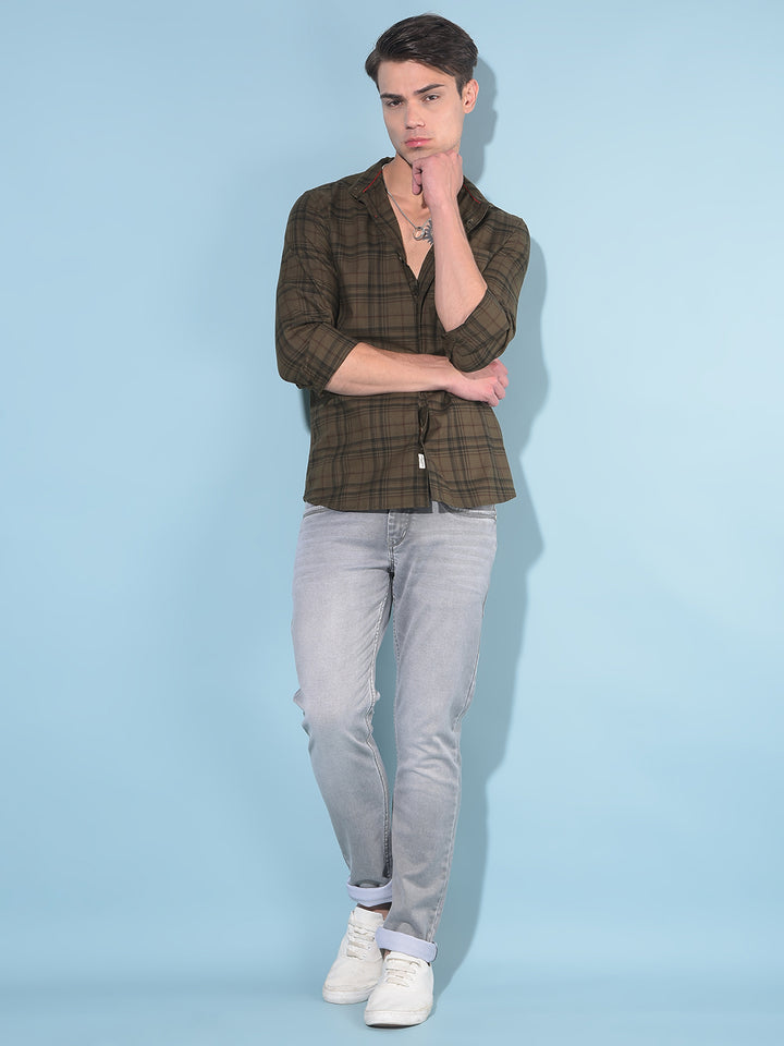 Olive Tartan Check 100% Cotton Shirt-Men Shirts-Crimsoune Club