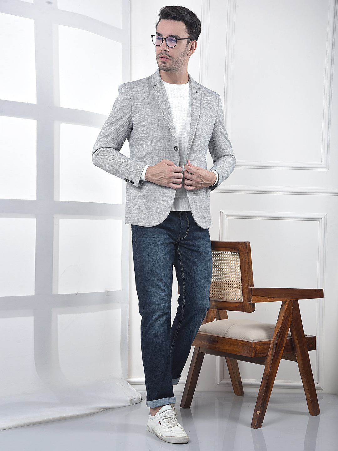 Grey Notched Lapel Modal Single-Breasted Blazer