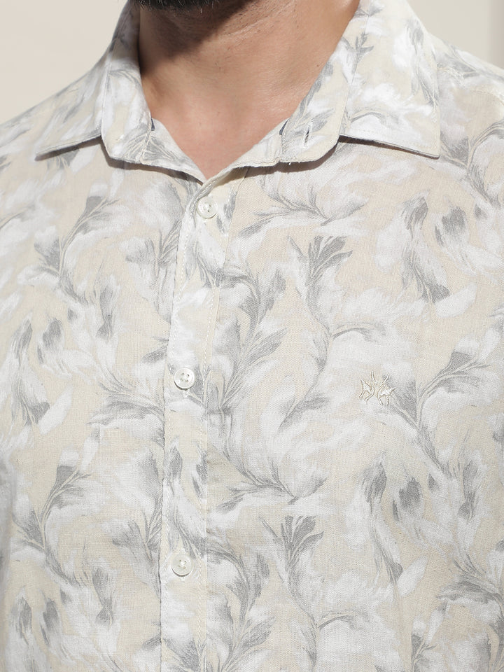Grey Floral Print Linen Shirt