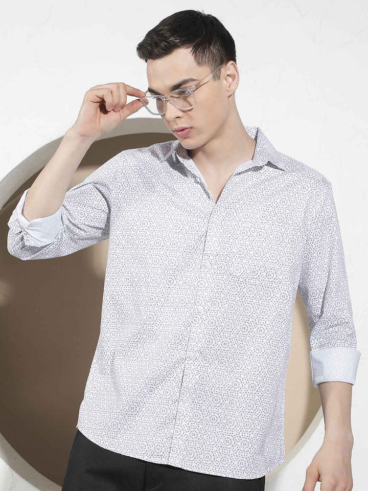 White Geometric Print 100% Cotton Shirt