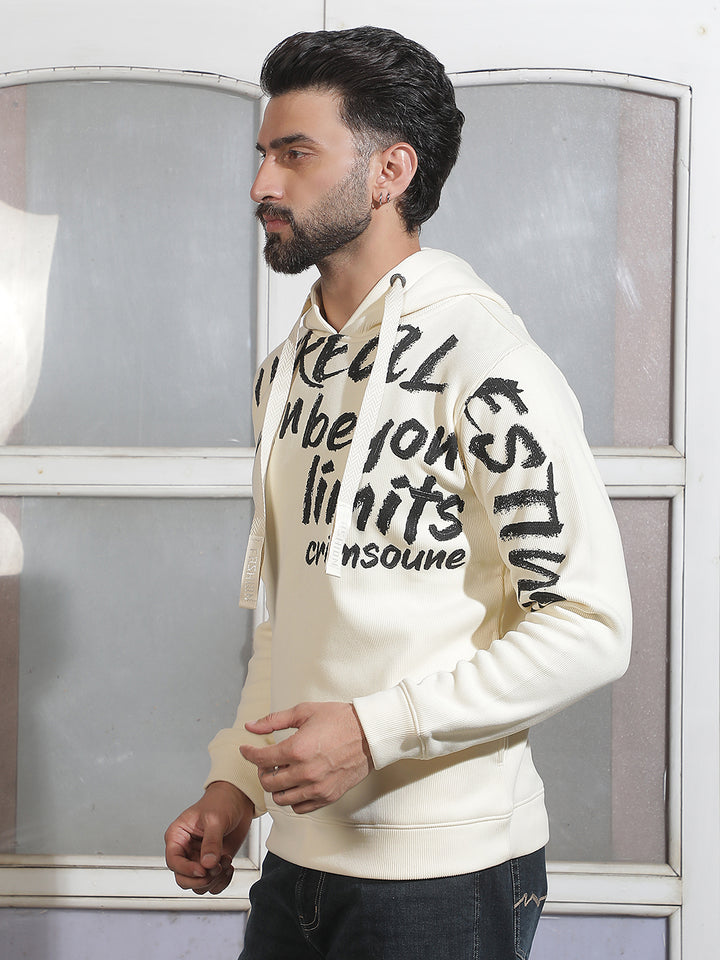 Off White Typographic Print Hooded Neck Sweatshirt