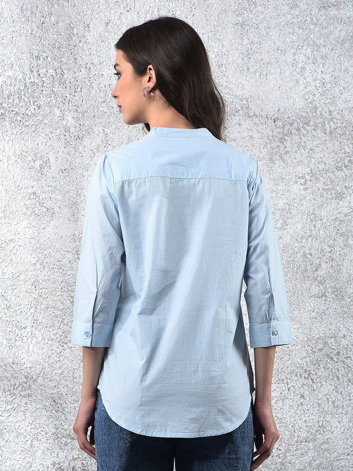 Blue Embroidered V-Neck 100% Cotton Top