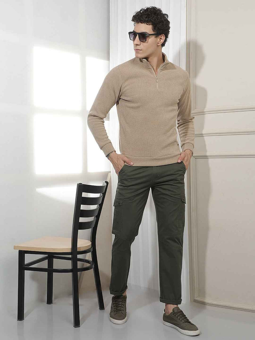 Beige Jacquard High Neck Sweatshirt