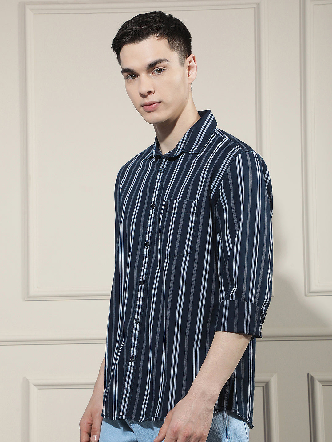 Navy Blue Vertical Stripes 100% Cotton Shirt