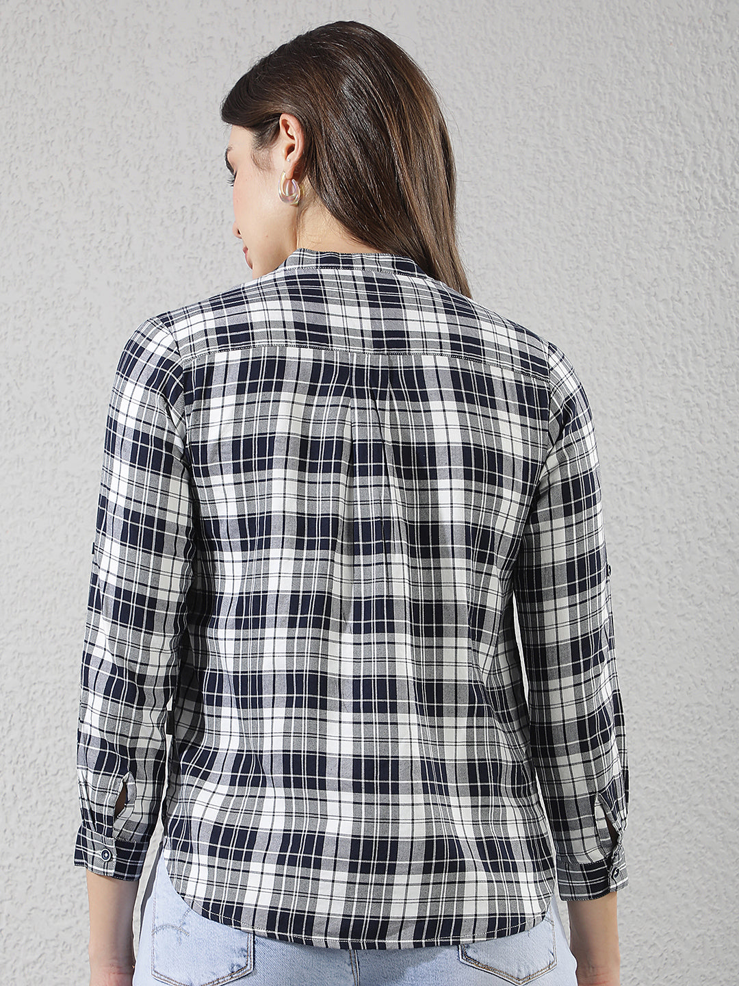 Navy Blue Checked V-Neck Shirt