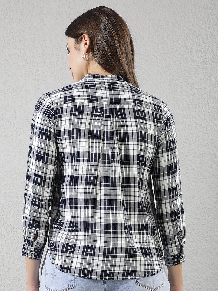 Navy Blue Checked V-Neck Shirt