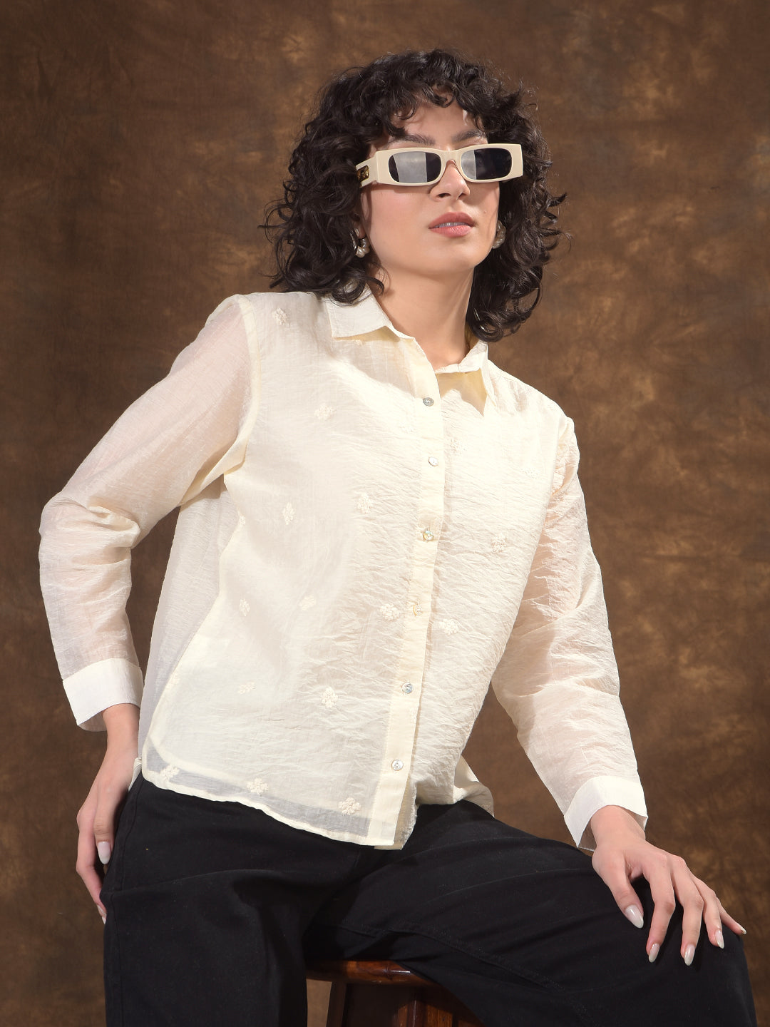 Cream Embroidered Semi-Sheer Shirt