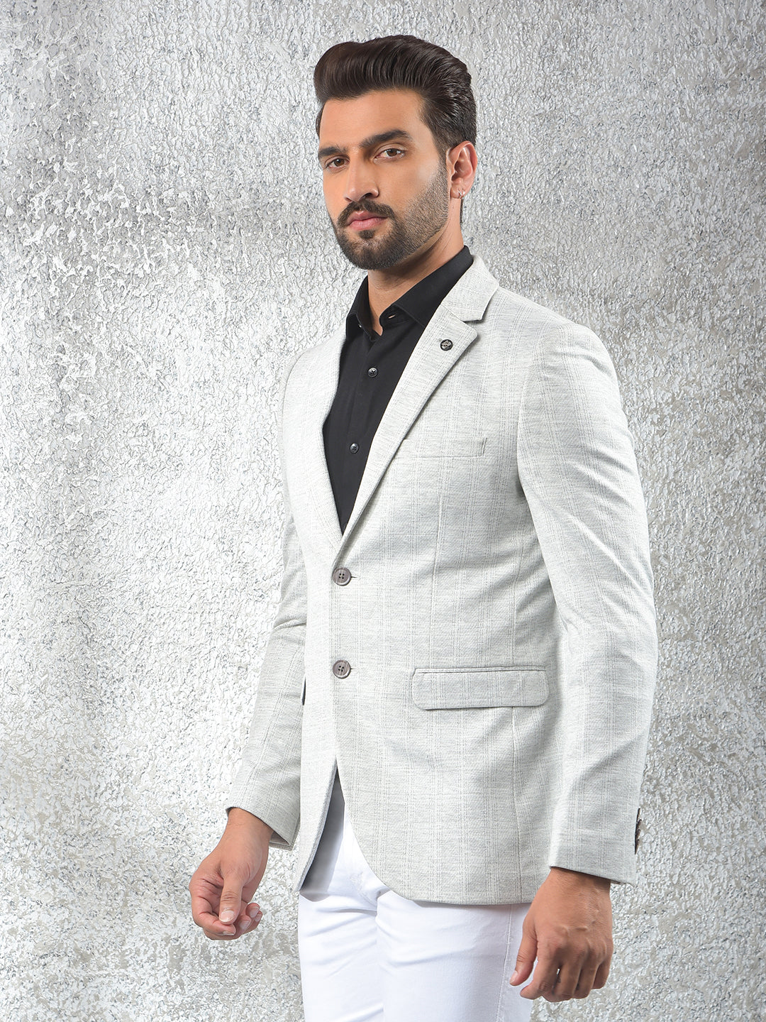 Grey Checked Notched Lapel Single-Breasted Blazer