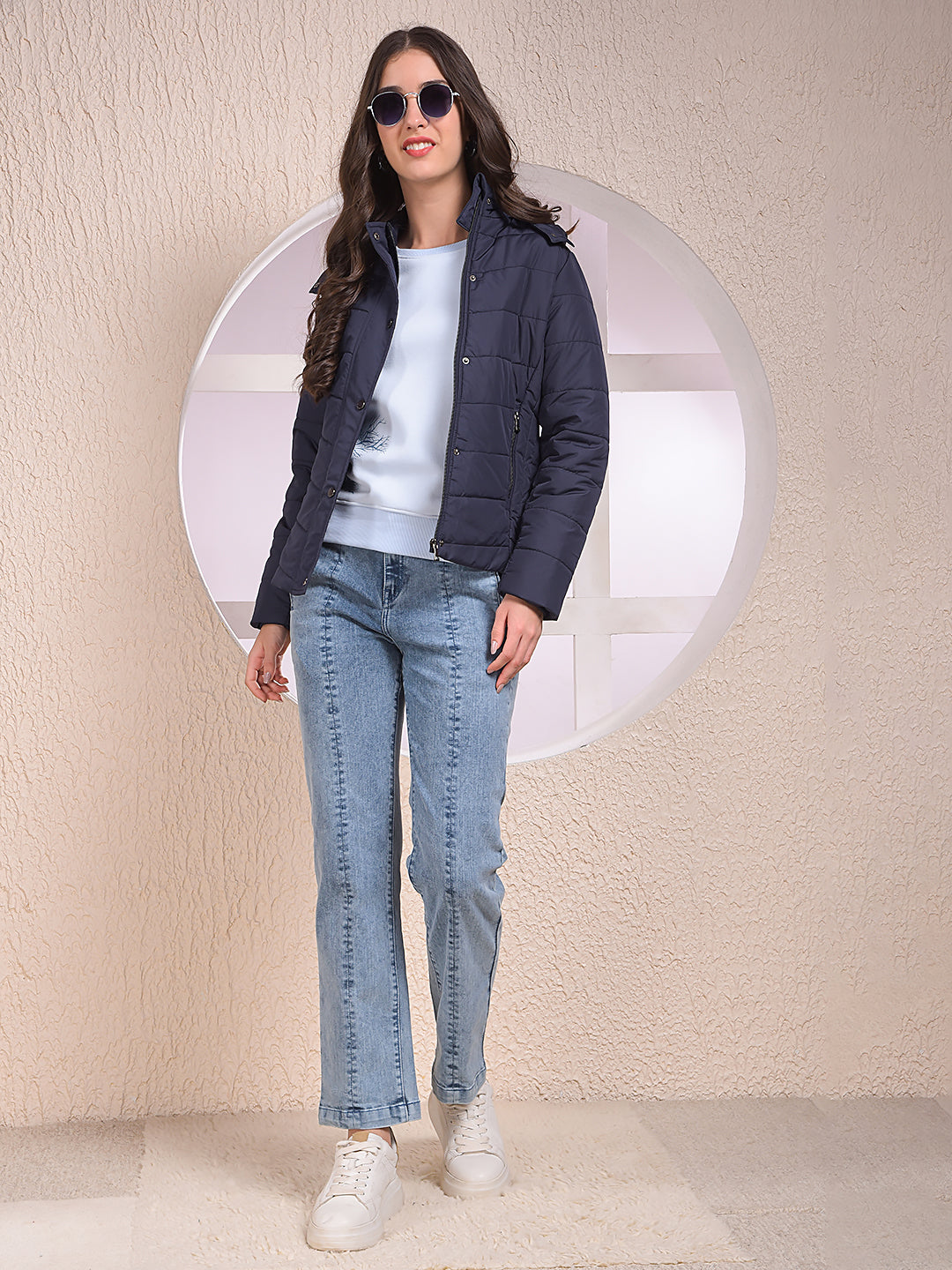 Navy Blue Hooded Neck Puffer Jacket