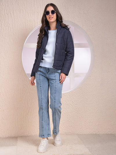 Navy Blue Hooded Neck Puffer Jacket