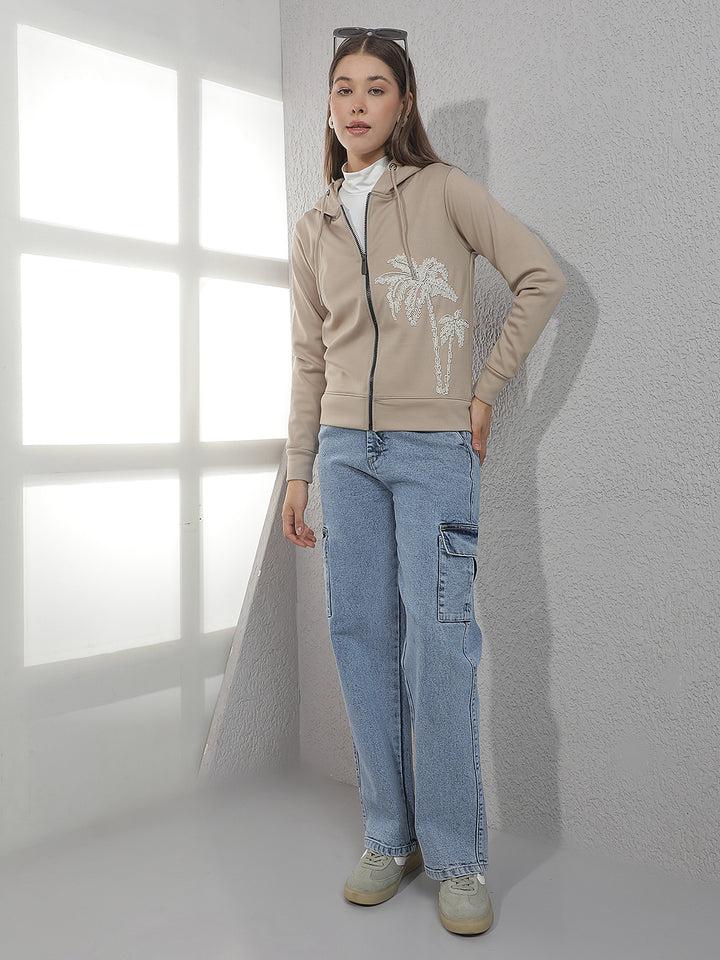 Beige Embroidered Hooded Neck Sweatshirt