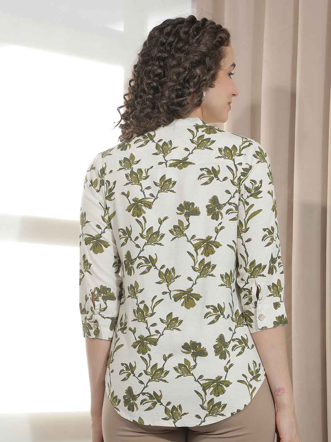 Green Floral Print V-Neck Linen Shirt
