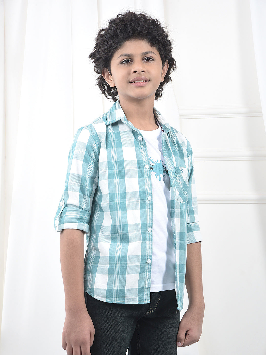 Green Checked 100% Cotton Shirt & T-Shirt Set