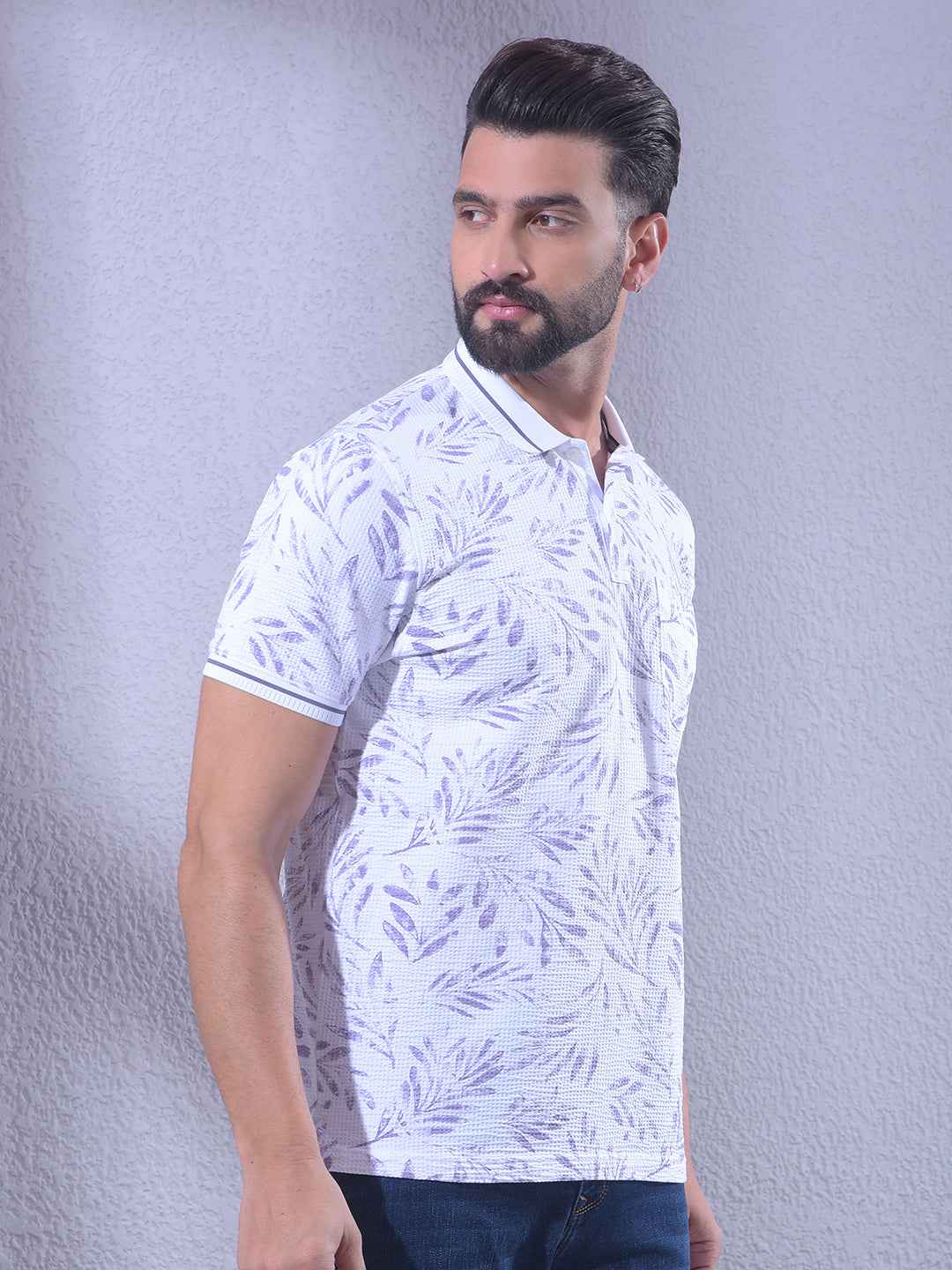 Purple Floral Print Polo Neck T-Shirt