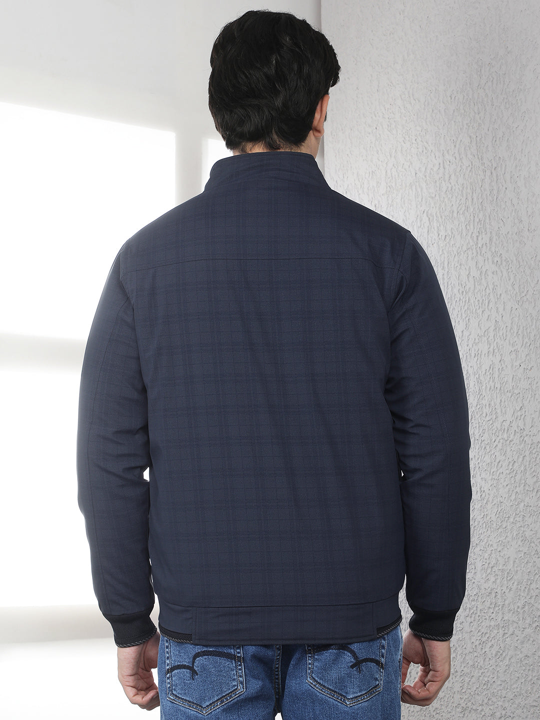 Navy Blue Checked High Neck Puffer Jacket