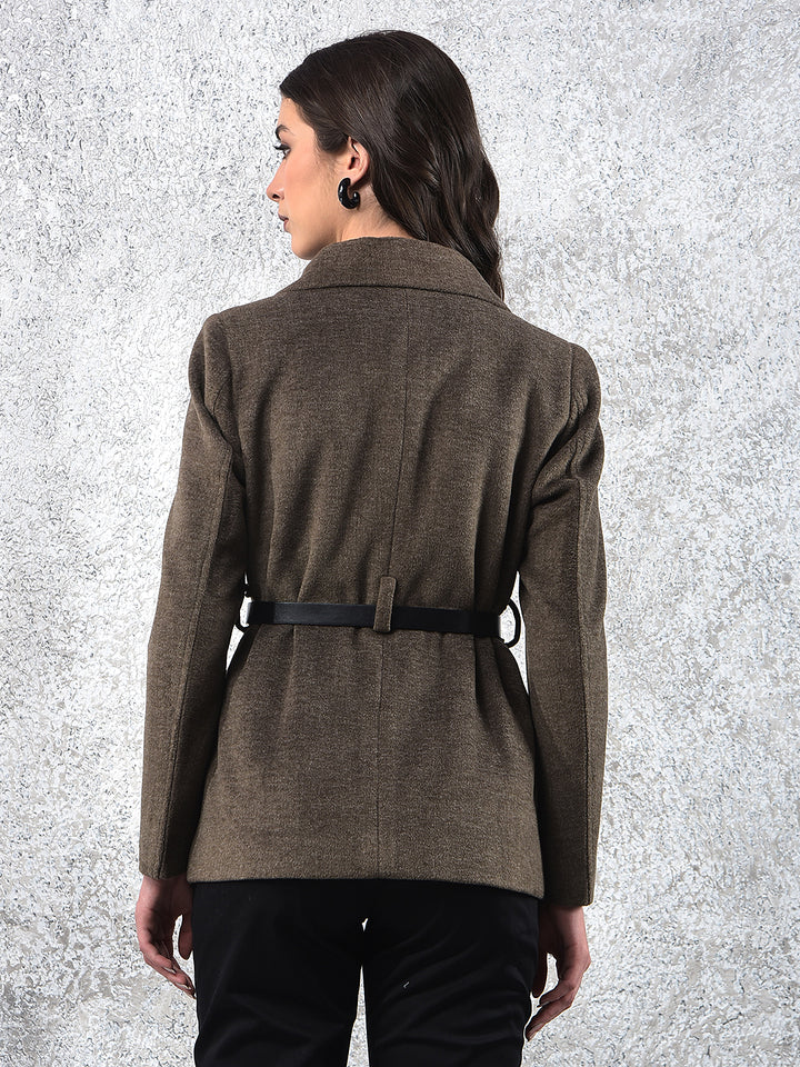 Brown Notched Lapel Double-Breasted Coat With Belt