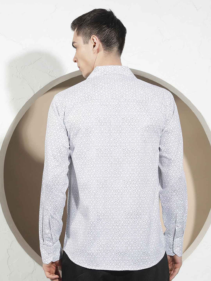 White Geometric Print 100% Cotton Shirt