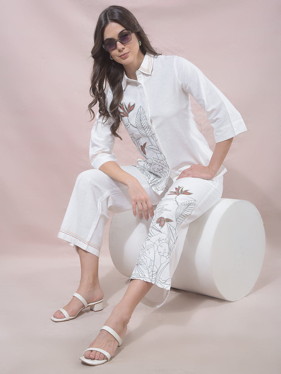 Off White Embroidered Wide Leg Casual Trousers