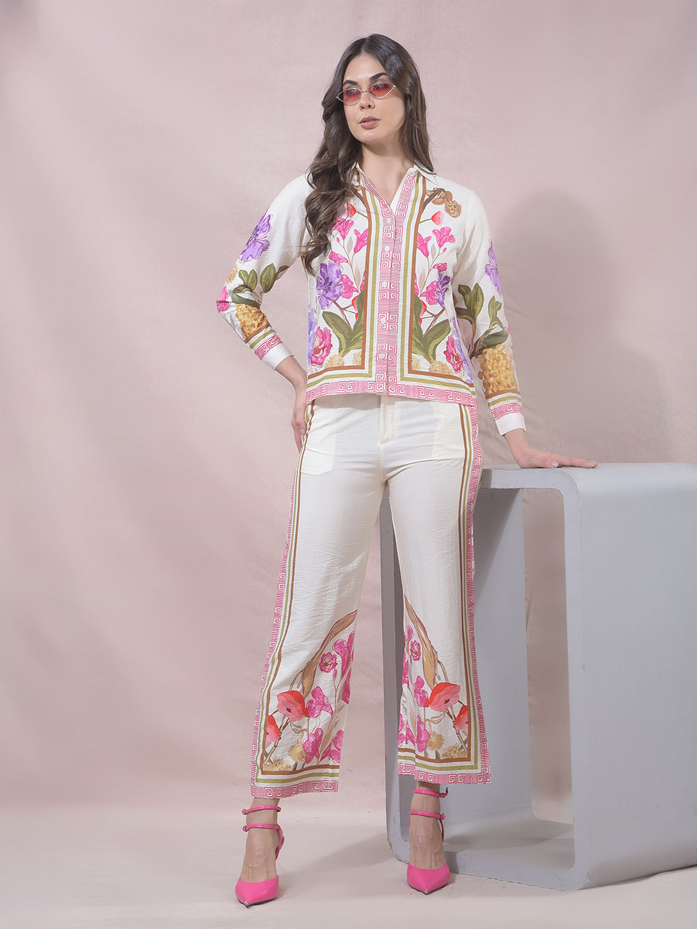 Off White Floral Print Casual Trousers