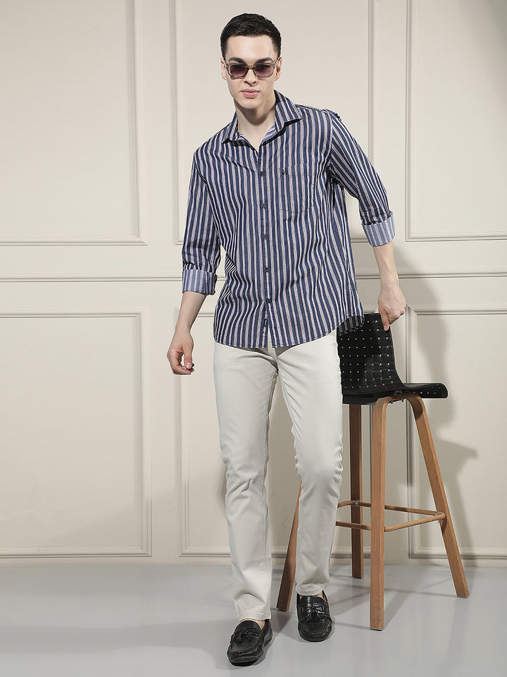 Navy Blue Vertical Stripes 100% Cotton Shirt